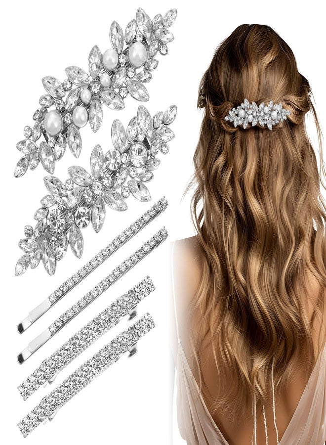 Matwsec 6 Pcs Silver Rhinestone Hair Clips, Sparkly Fancy Hair Clips for Women, Crystal Wedding Hair Accessories Metal Flower Hair Barrettes for Wedding, Bride, Long Hair - Image 1